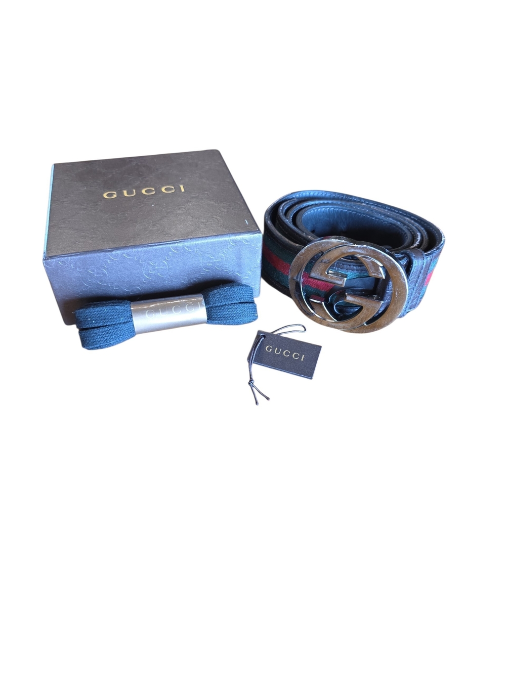 Gucci Sherry Stripe & Leather Belt in Black/Green/Red With COA And Bonus